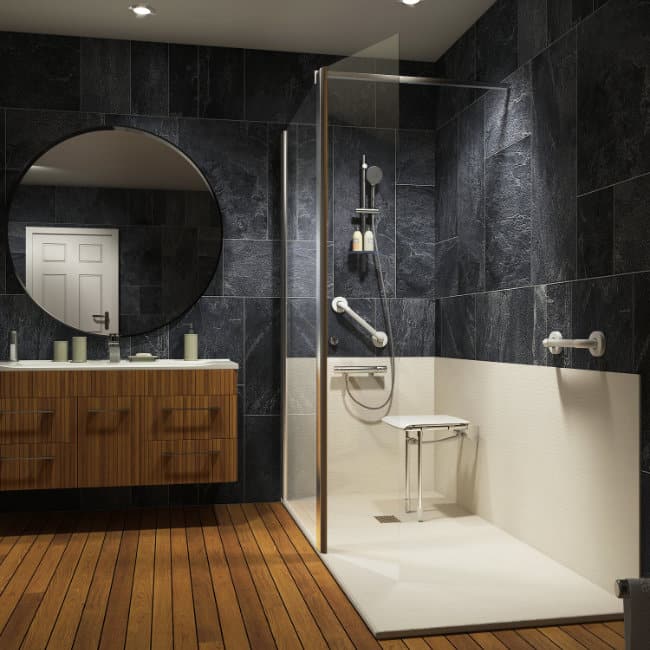 Salle de bain moderne noire et bois équipée d'une douche sécurisée France Bain