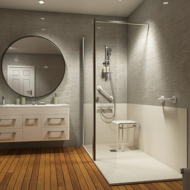 Salle de bain moderne blanche et bois équipée d'une douche sécurisée France Bain