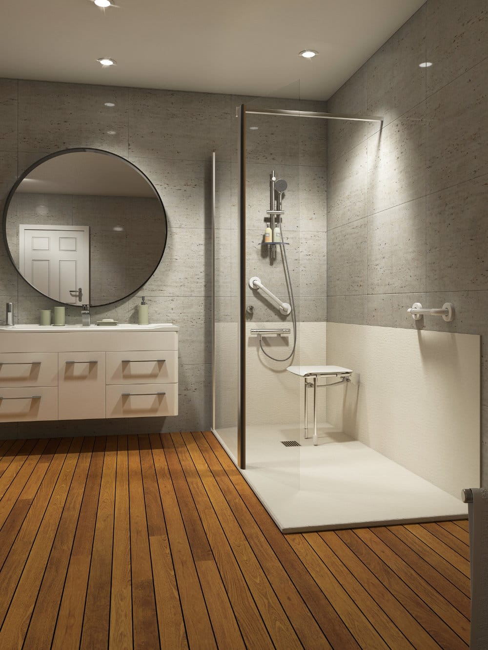 Salle de bain moderne blanche et bois équipée d'une douche sécurisée France Bain